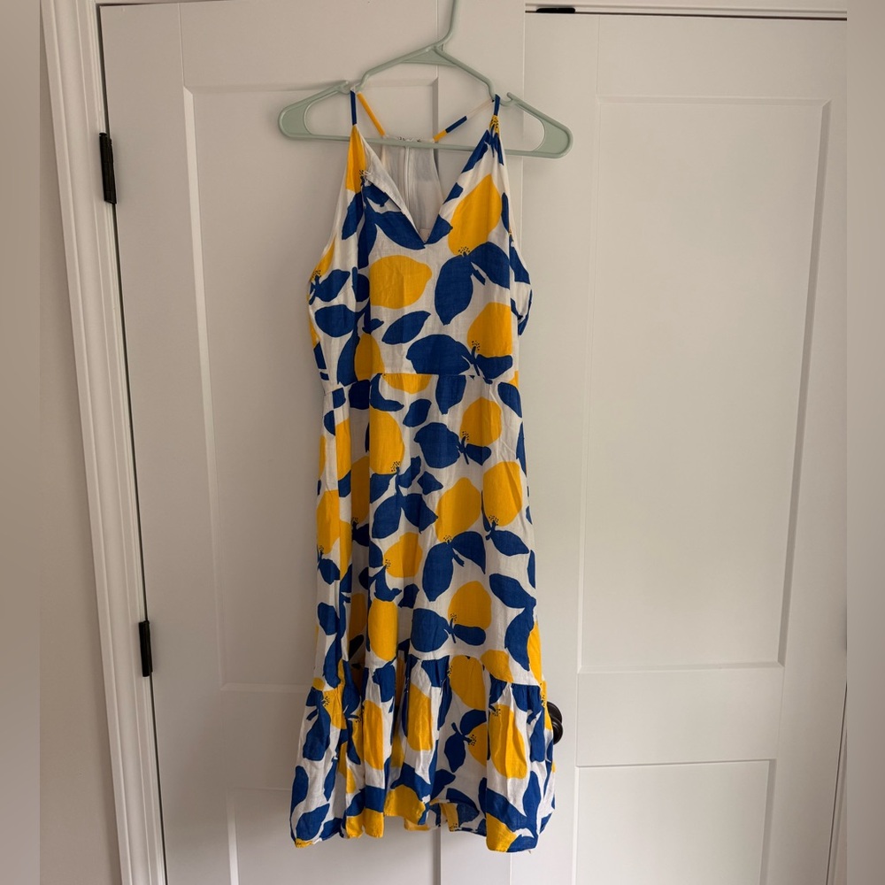 LOFT Blue and Yellow Lemon Midi Dress